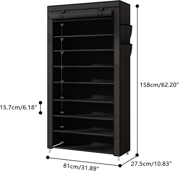 Laiensia 9-Tier Vertical Shoe Rack Organizer, Space Saving Shoe Storage Organizer, Non-Woven Cover Shoe Shelf Holds 36-45 Pairs for Bedroom, Hallway, Closet Entryway, Black