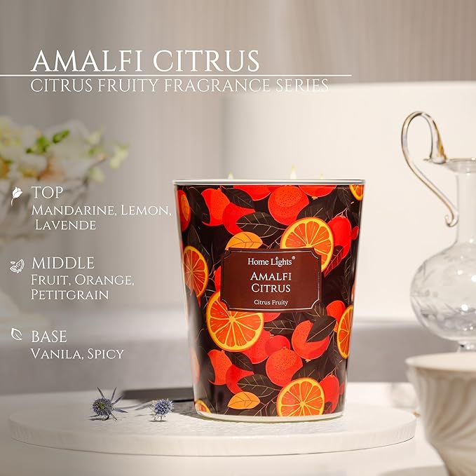 HomeLights 3-Wick Candles for Home Scented - 34oz Soy Wax Blend Candle Long-Lasting Fragrance, Eclectic Mixed Styles Home Decor and Housewarming Gifts, Amalfi Citrus