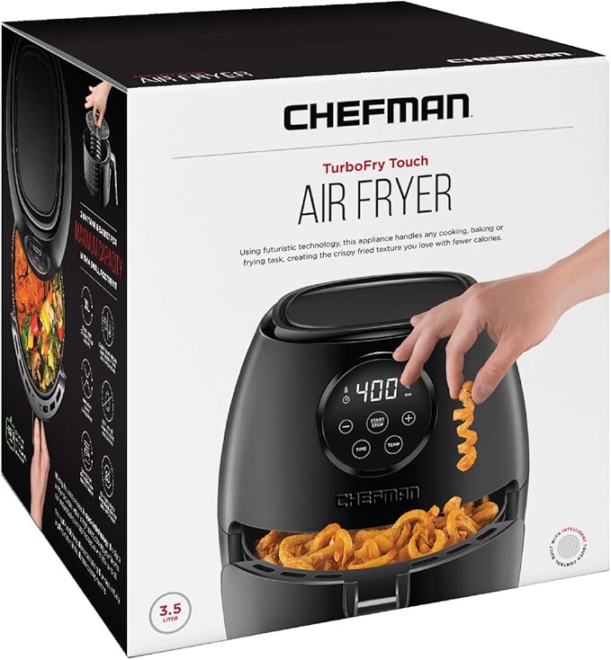 CHEFMAN Small Air Fryer Healthy Cooking, 3.6 Qt, User Friendly, Nonstick, Digital Touch Screen, Dishwasher Safe Basket, w/ 60 Minute Timer & Auto Shutoff, Matte Black, Cookbook Included