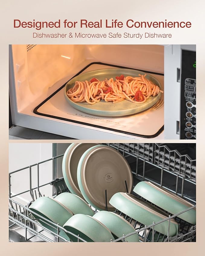 Famiware Milkyway Plates and Bowls Sets, 12 Pieces Dinnerware Sets, Reactive Glaze Dish Set, Stoneware Dishes Set for 4, Light Green