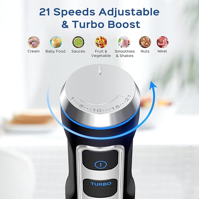 Immersion Blender 5 in 1 Hand Blender, Electric Blenders Max 1000W Heavy Duty Motor, 21 Speed & Turbo Mode Handheld Blender, Milk Frother, Egg Whisk, 800ml Beaker, 600ml Chopper Stainless Steel Blades
