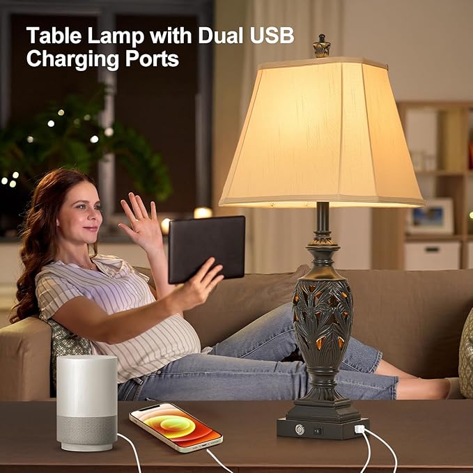 AIDENOEY 29.5" H Touch Traditional Table Lamp Set of 2,Vintage Bedside Nightstand Lamps with Dual USB and Night Light, 3-Color Hollow Out Leafwork Black Gold Finish Desk Lamps for Living Room,Bedroom