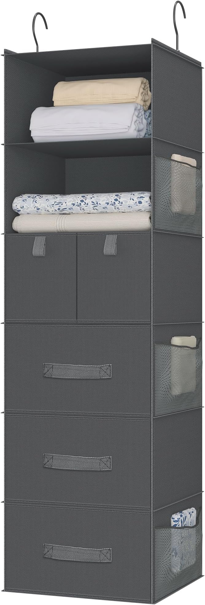 6-Shelves Hanging Closet Organizer with 5 Different Drawers, Foldable Organizers and Storage for Wardrobe, Closet& RV, Clothes and Accessories Storage, Non-woven fabric, Dark Gray