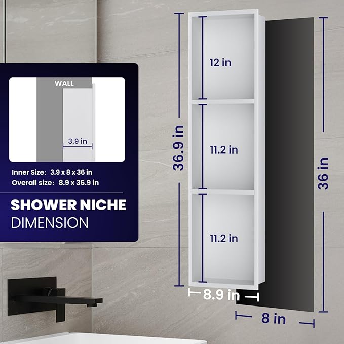 Stainless Steel Shower Niche 8" x 36", 3-Tier Shower Niches No Tile Needed, Recessed Niche for Shower Wall, Shower Niche Shelf for Bathroom Storage, White