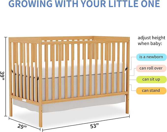 Baby Crib 5-in-1 Convertible, Wooden Nursery Cribs Converts to Toddler Bed, Daybed and Full Size Bed, 3 Adjustable Base, Non-Toxic Finish (Natural)