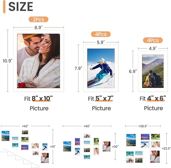 upsimples 10 Pack Picture Frames Collage Wall Decor for Mounting or Tabletop Display, Photo Gallery Frame Set for Family, Multi Sizes Including 8x10, 5x7, 4x6, White