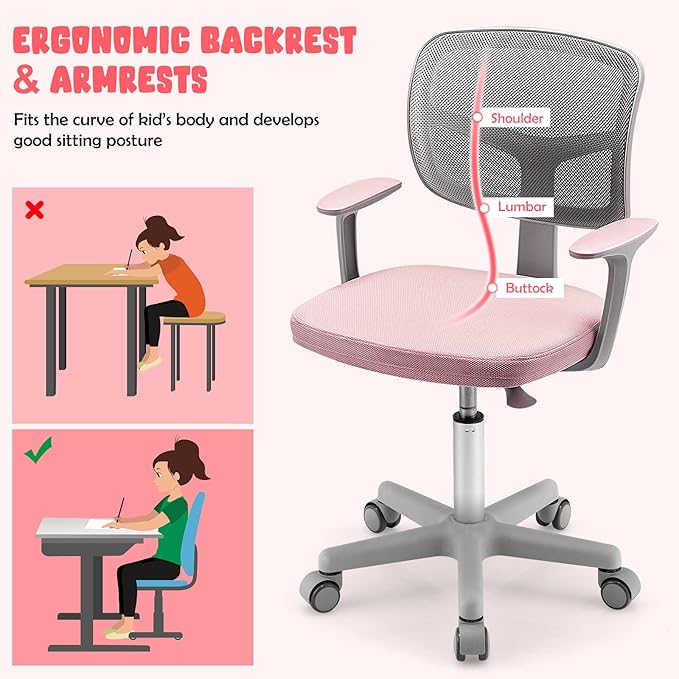 HONEY JOY Kids Desk Chair, Height Adjustable Children Study Chair, Swivel Mesh Task Student Chair, Universal Casters, Child Computer Desk Chair for Boys Girls Age 3-10 (Pink)