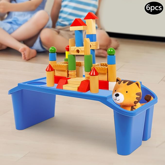 6 Pcs Kids Lap Desk Tray, Plastic Breakfast Lap Desk Trays with Side Pockets and Slot, Portable Lap Table Snack Tray for Eating, Writing, Drawing, Game, 19.69" L x 9.84" W x 7.1" H (Blue*6)