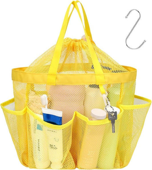 F-color Mesh Shower Caddy Portable with Drawstring - Upgrade Deeper 7 Pockets Dorm Room Essentials for Guys Girls with S Hook, Shower Bag Basket Tote for College Camping Toiletry Bathroom, Yellow