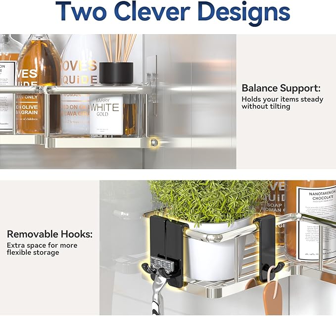 YASONIC Corner Shower Caddy Organizer, 5-Pack Self-Adhesive Rustproof Bath Shelves with Soap Holder & 4 Hooks, Large Capacity Shower Storage Rack for Bathroom Organization, Silver