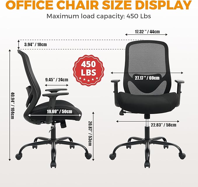 Big and Tall Office Chair, 450LBS Ergonomic Mesh Desk Chair with Adjustable Lumbar Support, 5" Thickened Foam Seat Computer Chair Over 10 Hours Comfortable, Heavy Duty Executive Task Chair