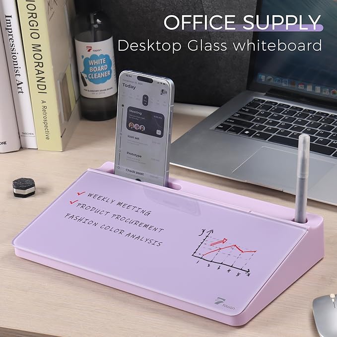 TOWON Small Compact Glass Desktop Whiteboard with Storage – 12 x 7 in Dry Erase Board for Desk, Home Office, School | Includes 5 Markers, Eraser & Holder | Space-Saving Organizer, Aesthetic Lavender