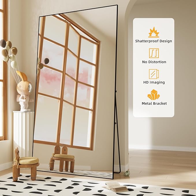 FANYUSHOW Full Length Mirror with Stand, 76"x34" Aluminum Alloy Frame Floor Mirror, Shatter-Proof Glass Free Standing, Leaning Against Wall or Wall-Mounted, for Bedroom Living Room Dressing Room Black