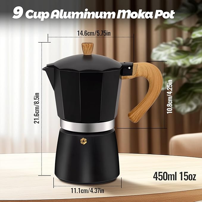 9 Cup Aluminum Moka Pot Classic Stovetop Espresso Coffee Maker 450ml 15oz Coffeemaker Percolator Mocha Pot Greca Coffee Maker Cafe Makers for Italian and Cuban Café Brewing Black