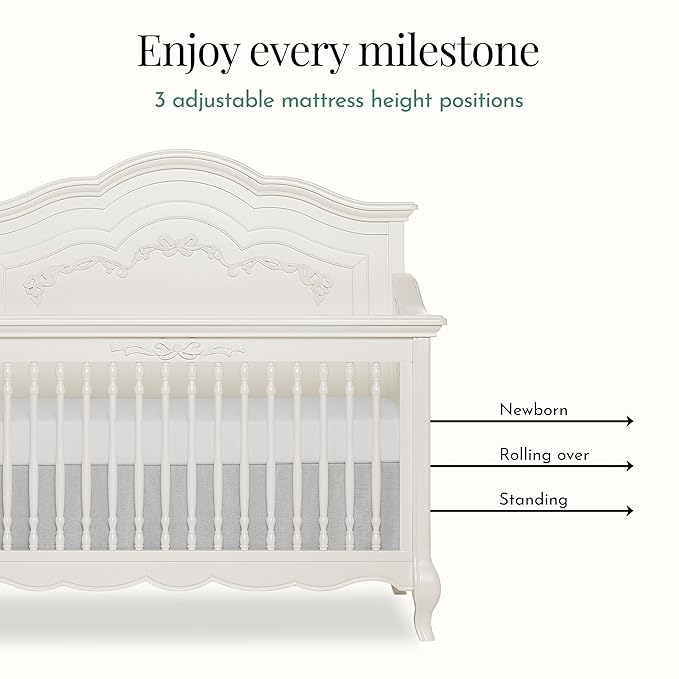 évolur Aurora 5-in-1 Convertible Full-Size Baby Crib in Ivory Lace, GreenGuard Gold & JPMA, 3 Mattress HeightsRibbon Bow Scrollwork & Queen Anne Feet, Converts to Toddler, Day & Full-Size Bed
