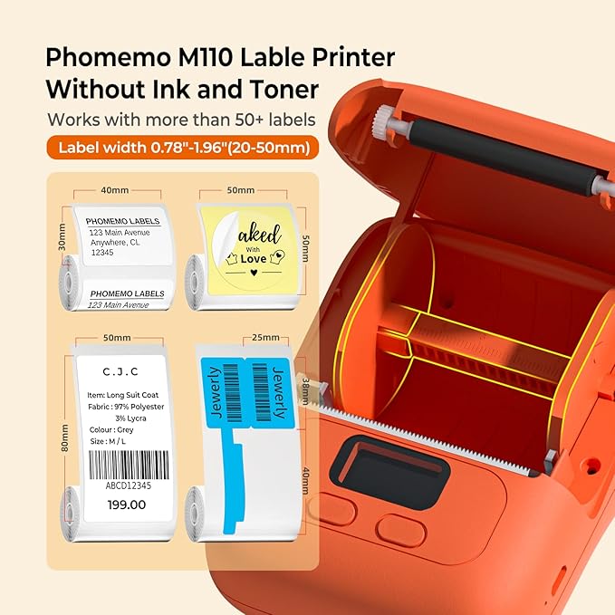 Phomemo M110 Label Maker Machine-Barcode Label Printer, Portable Sticker Maker for Price Tag, Logo,Address, Mailing, Home, Office & Small Business, Compatible with Phones&PC Orange