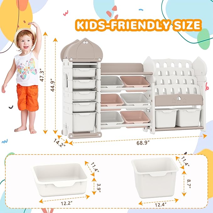 Kids Toy Storage Organizer with 13 Removable Bins, 4-Tier Bookshelf for Kids, Multi-Purpose Castle-Shaped Toy Organizer for Playroom, Bedroom, Nursery, Living Room (Cream)