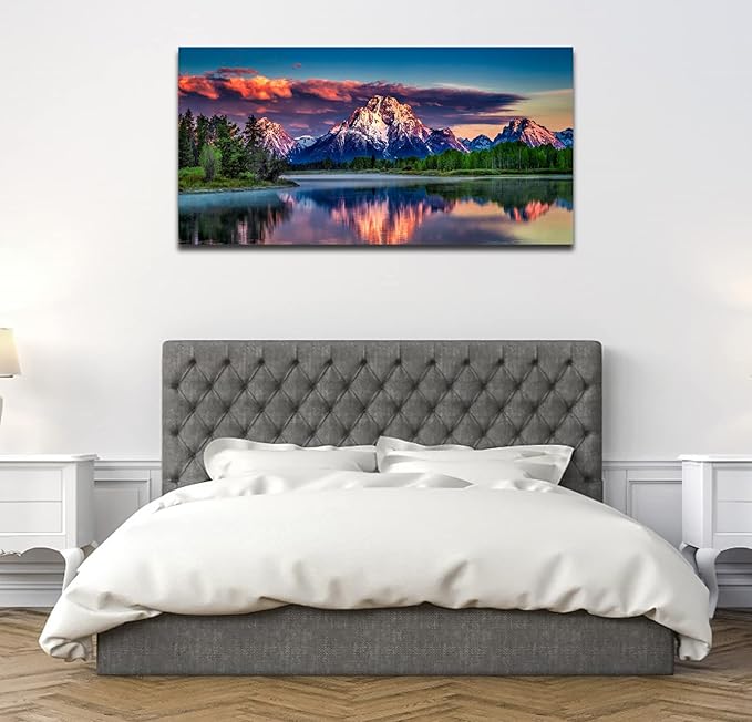 Sunset Landscape Canvas Wall Art for Living Room Grand Teton Wyoming National Park Picture Wall Decor Snake River Mountain Forest Nautre Prints Artwork Bedroom Bathroom Office Home Decor 24" X 48"