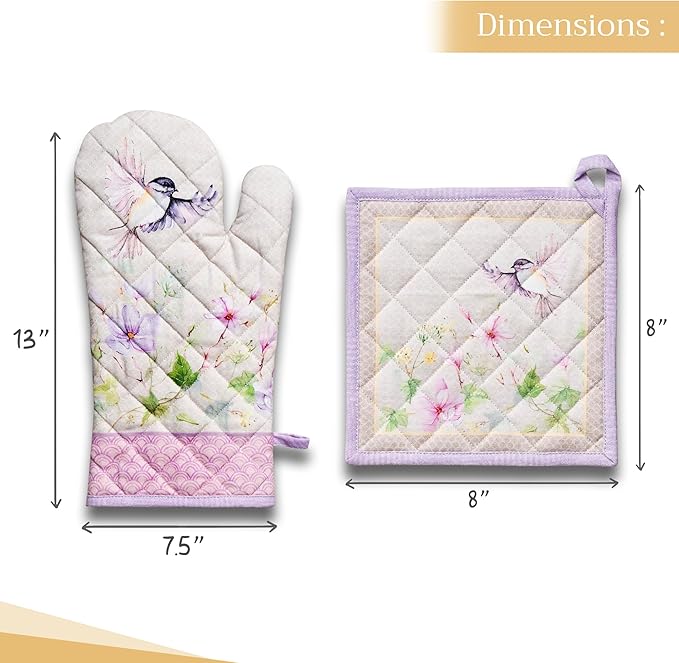 Maison d' Hermine 100% Cotton Oven Mitt & Pot Holder Set (7.5"x13" & 8"x8") Heat Resistant BBQ Cooking Gloves with Loop, Baking, Grilling, Kitchen, Handling Hot Pans Spring/Summer (Magnolia Mornings)