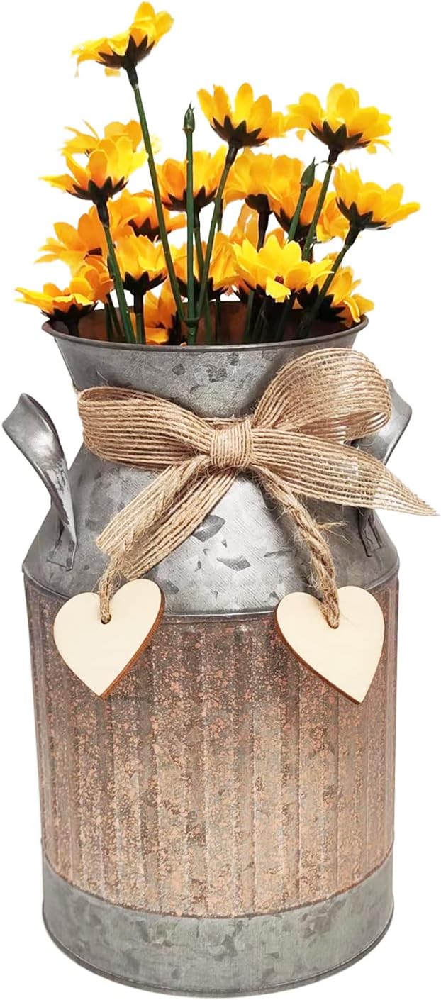 Shabby Chic Classy Designed Brown Milk Can Heart-Shaped Galvanized Finish Metal Vase Country Rustic Primitive Decorative Flower Holder, 8.8" H