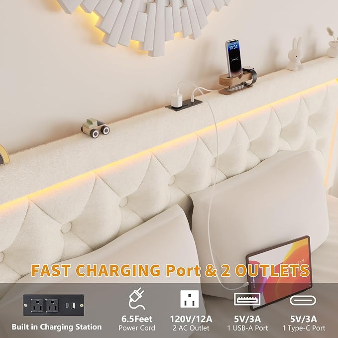 Queen Bed Frame with 4 Storage Drawers, Velvet Upholstered Bed Frame Queen Size with Charging Station and LED Lights, 46" Adjustable Button Tufted Headboard, No Box Spring Needed, Beige