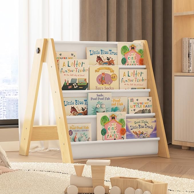 NACHES 4-Tier Foldable Kids Bookshelf, Large Capacity Montessori Sling Bookcase with 4 Deep Fabric Pockets, Magazine and Book Storage Rack for Nursery, Kids Room, Bedroom, Playroom (Burlywood)