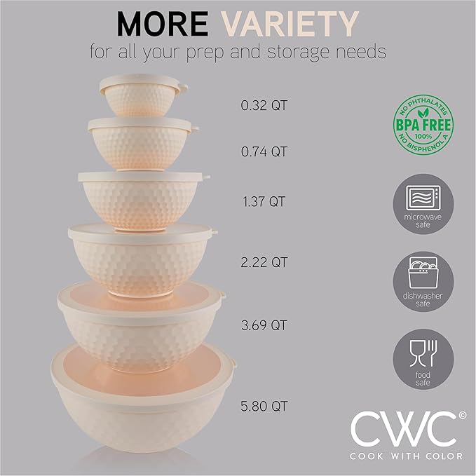 COOK WITH COLOR Mixing Bowls with Lids - 12 Piece Plastic Nesting Bowls Set includes 6 Prep Bowls and 6 Lids, Non Slip Bottom and Embossed Design - Microwave Safe (Cream)
