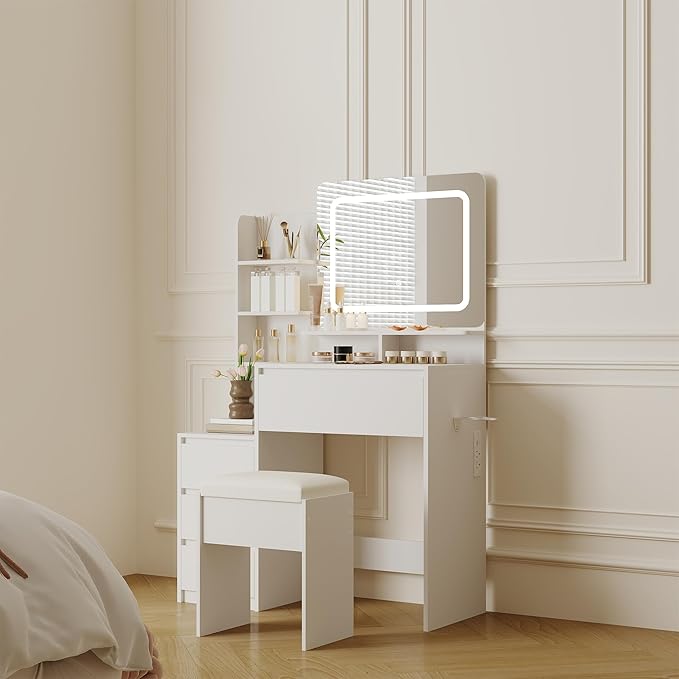 GAOMON Makeup Vanity Desk with Mirror and Lights - 36" Vanity Table Set with 4 Drawers, Power Outlet, USB Ports, Stool, Dressing Table with 3 Lighting Color Adjustable for Bedroom, Women, White