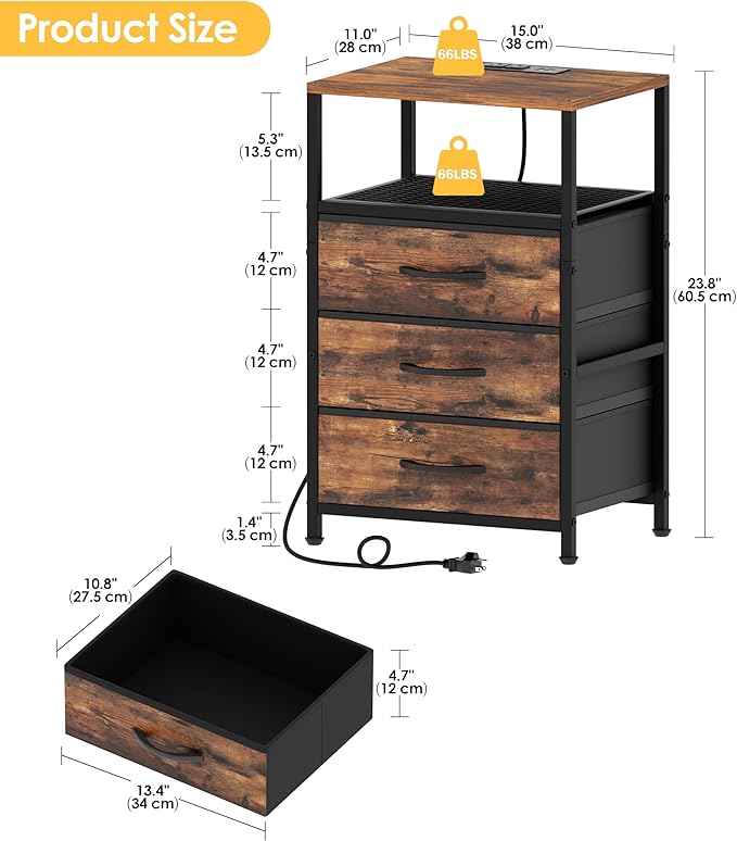 End Table with Charging Station, 11" D x 15" W Night Stand with LED Light, Nightstand with Fabric Drawers, Bedside Table with Open Shelf, Side Table for Bedroom, Living Room, Rustic Brown