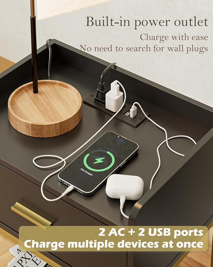 Nightstand with Charging Station,3-Tier Bedside Table for Small Space,Modern Night Stand with Storage Drawer and Shelf,Small Side Table for Bedroom,Living Room,Black