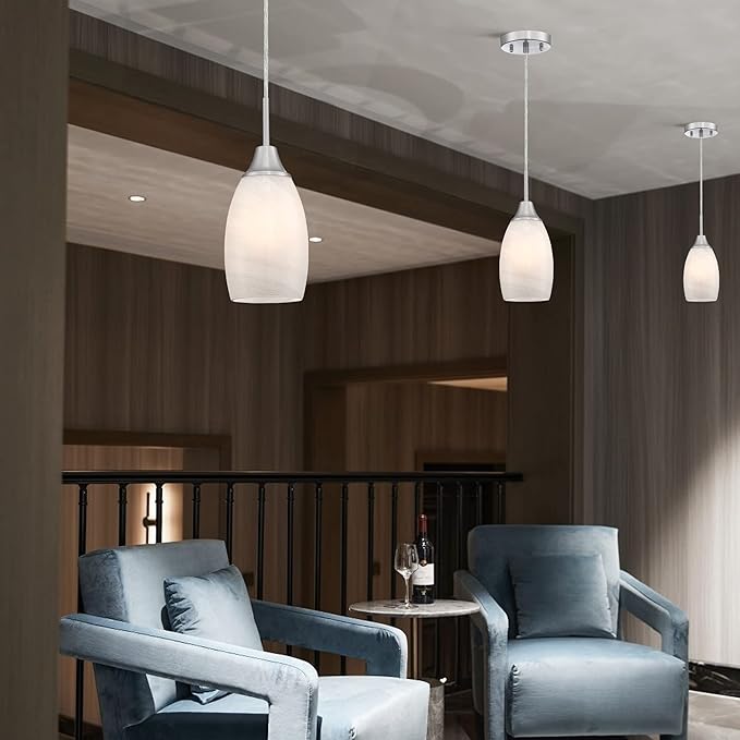 Mini Glass Pendant Light 1-Light with Handblown White Swirl Art Glass Adjustable Cord Brushed Nickel Finish 4.72" Modern Hanging Pendant Light for Kitchen Dining Room Living