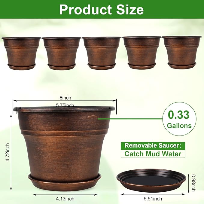 Plant Planters Pots Set of 6 Pack 6 Inch, Plastic Flower Pot for Indoor Plants with Drainage Holes & Trays, Resin Decorative Container Sets with Saucer for House Outdoor Garden Planters Dark Gold