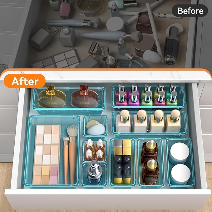 WOWBOX 8 PCS Plastic Drawer Organizer Set, 4 Sizes Desk Drawer Organization and Storage Containers for Makeup, Cosmetics, Jewelry and Gadgets in Kitchen, Bathroom, Bedroom, Office, Clear Sea Blue