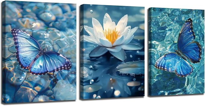 Arjun Blue Abstract Butterfly Canvas Wall Art Water Lily Pond Painting Zen Stones White Lotus Flower Teal Turquoise Pictures Framed for Living Room Bedroom Bathroom Spa Salon Home Office Wall Decor