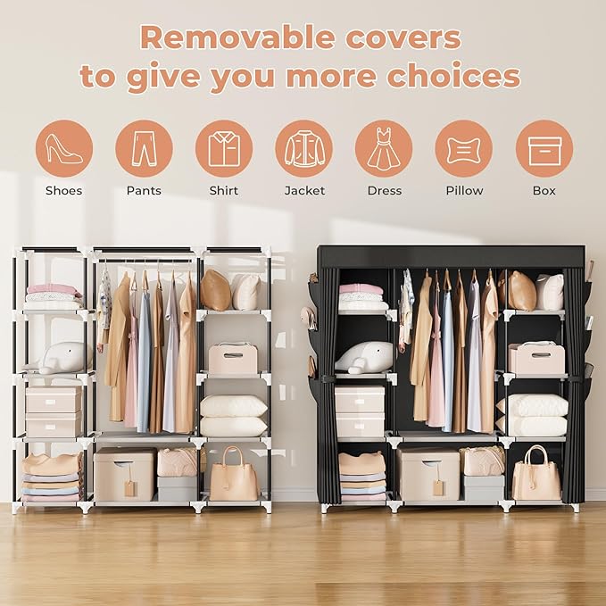 VTRIN Portable Closet Wardrobe for Hanging Clothes 57.3 Inch Large Capacity Clothes Rack with Cover, 10 Storage Organizer Shelves, 1 Hanging Rods and 6 Pockets, Free Standing Closet for Bedroom, Black