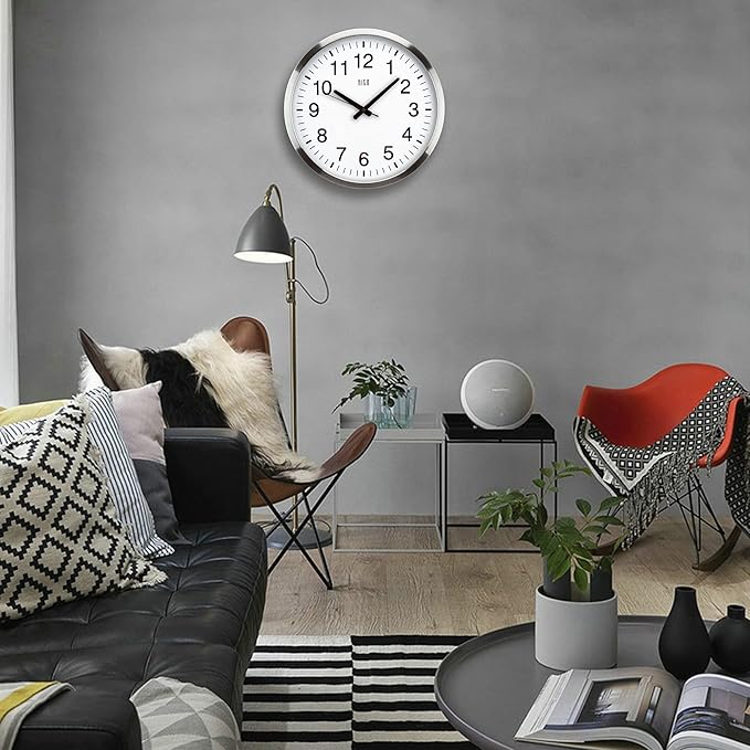 HITO 16" Silent Wall Clock Battery Operated Non Ticking Sweep Movement Glass Cover Silver Aluminum Frame, for Kitchen, Bedroom, Home Office, Living Room Decor