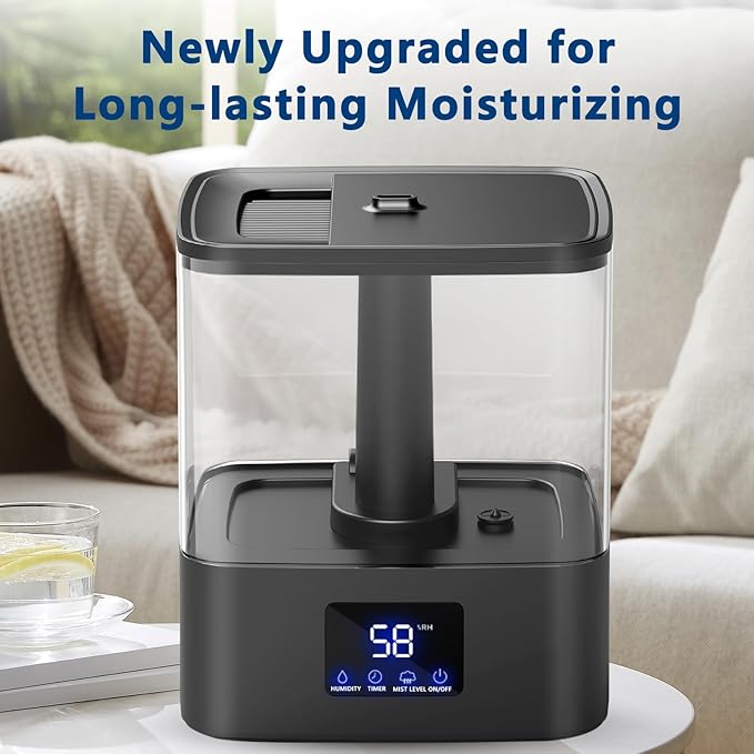 4L Top Fill Humidifiers for Bedroom & 60H Runtime - Cool Mist Humidifier, 3 Mist Levels, 8H Timer, Essential Oil Tray, Humidity Display, Quiet for Bedroom, Baby, Plants, Large Room