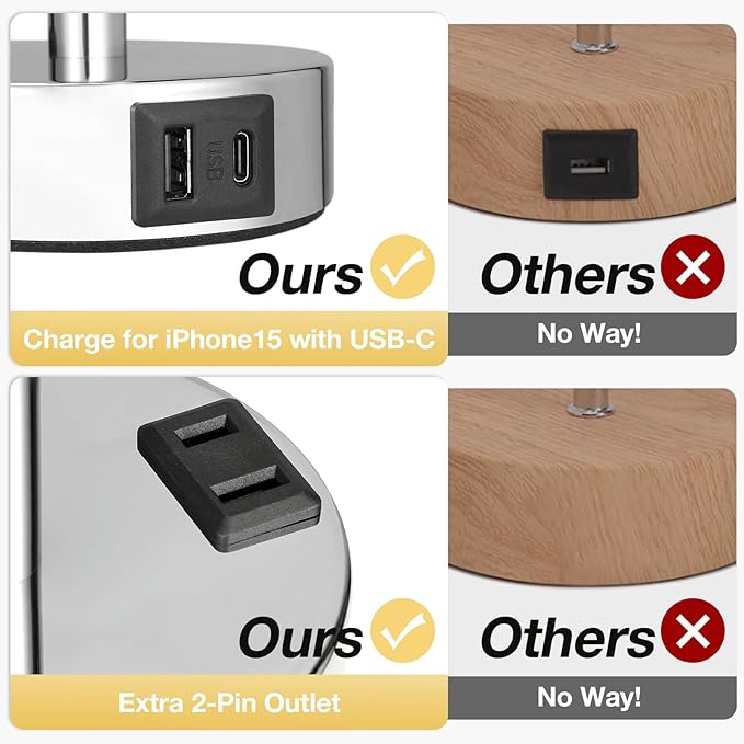 Pink Lamp for Bedroom Nightstand - 3 Way Dimmable Touch Table Lamp USB C Charging Ports, Small Lamp with AC Outlet for Desk Girls Room, LED Bulb Included