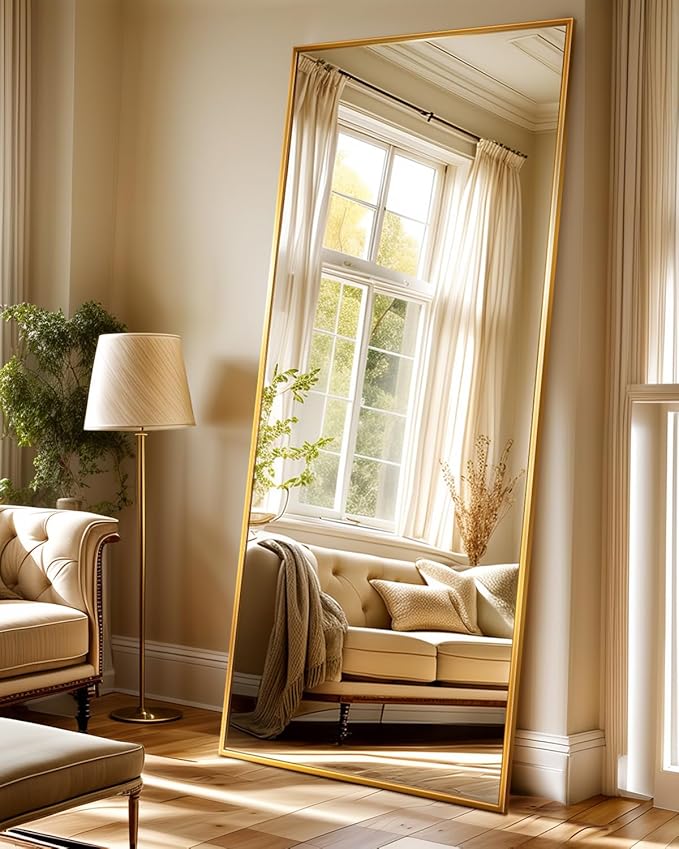 Antok Full Length Mirror, 71"x28" Floor Mirror with Stand, Hanging Mounted Mirrors for Bedroom, Living Room, Cloakroom, Dining Room, Gold, Rect