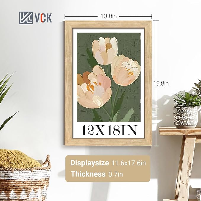 VCK 12x18 Poster Frame Set of 4 - Oak, Gallery-Quality Wood Picture Frames, 1.1-Inch Wide Border, Polished Plexiglass, Vertical or Horizontal Wall Display for Photo/Art/Prints, Natural Oak