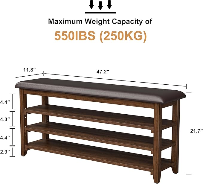 Wooden Shoe Bench Storage with Leather Cushion, Rustic Solid Wood Entryway Bench with 3-Tiers Height Adjustable, Shoe Rack Front Doors Entrances for Hallway Living Room,Mudrooms (Brown,47.2")
