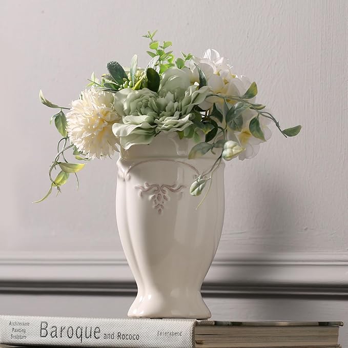 hjn White Vase for Flowers, Ceramic vase for Home Decor French Rustic Vase for Kitchen/Table/Living Room/Shelf/Mantel/Office-Height-6.8"