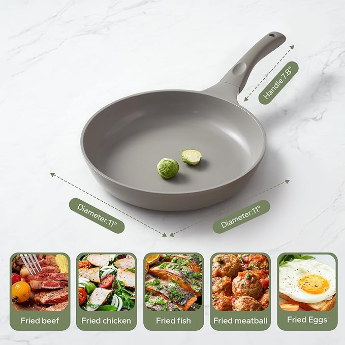 Redchef Non Stick Frying Pans, Ceramic Pan, Non-toxic Healty Skillet Omelet Pan with Heat-Resistant Handle, PFOA & PFAS Free, Compatible with All Stovetops, Dishwasher Safe, Even Heating, Gray, 11"