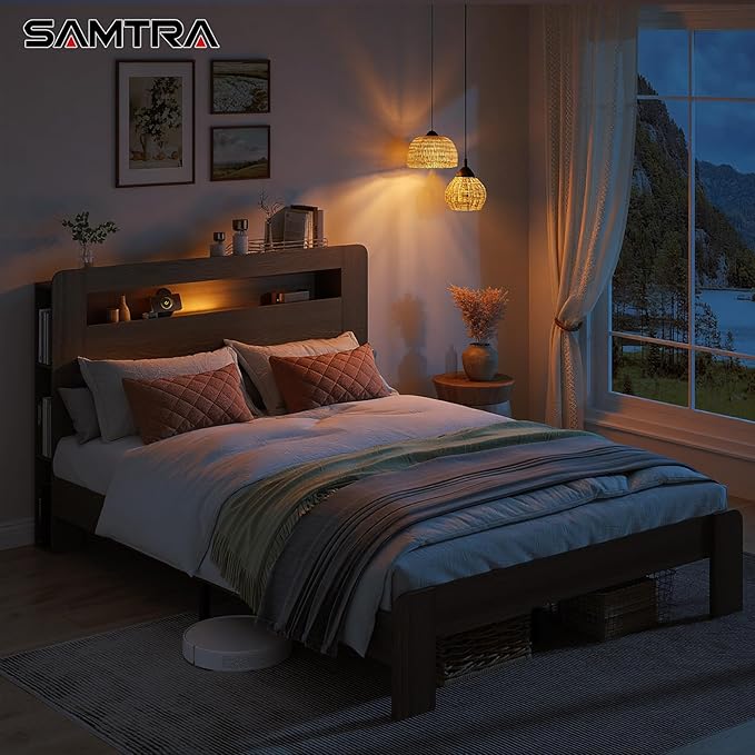 Wooden Bed Frame Queen Size with Storage Headboard - Farmhouse Platform Bed Frame with Bookcase Shelf & Led Lights, Sturdy Wood Slat Framework Bed Frame (Light Brown LED)