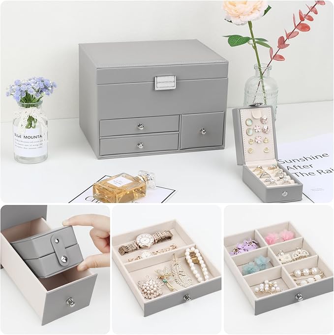 DesignSter Jewelry Organizer Box, 3 Layers Large Jewelry Box with Travel Jewelry Case and Removable Tray, Jewelry Storage Case with Mirror for Necklaces Earrings Rings Bracelets Watches (Gray)