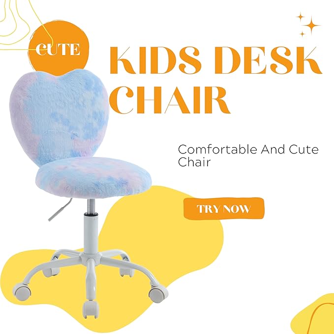 Kmax Kids Reading Chair, Rolling Cute Desk Chair for Girls Swivel Office Chair with Wheels & Heart Back Adjustable Childrens Vanity Chair for Bedroom Reading Room - Fur, Baby Blue
