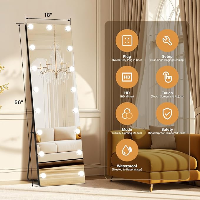 56x18 Hollywood Full Length Mirror with Light, 17 Dimmable Bulbs & 3 Color Smart Touch Control, Distortion Free, Tempered Glass & Shatter Proof Film, Safe Full Body Mirrors with Stand