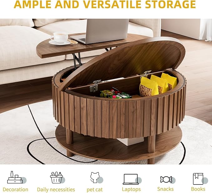 Round Lift Top Coffee Table with Storage, 31.5'' Modern 2-Tier Coffee Table with Hidden Storage Compartment and Open Shelf, Fluted Center Table for Living Room Home Office (Walnut)
