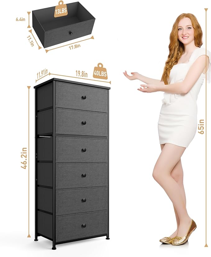 Tall Fabric Dresser for Bedroom, Wide Vertical Storage Organizer Tower with 6 Drawers, Chest of Drawers with Bins, Steel Frame, Wood Top for Bedroom, Closet, Entryway Black