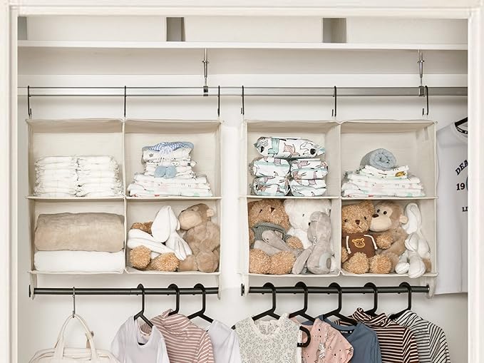 StorageWorks Hanging Closet Organizer with Metal Rod, 4-Section Closet Organizers and Storage, Collapsible Hanging Shelves for Baby Clothes, Shoes, Sweater Storage, Ivory and White